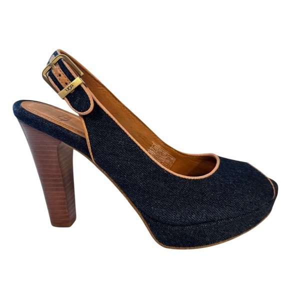 UGG Slingback Pumps Heels Peep Toe Shoe Blue Denim Brown Leather Womens Size 6.5 - Picture 4 of 12